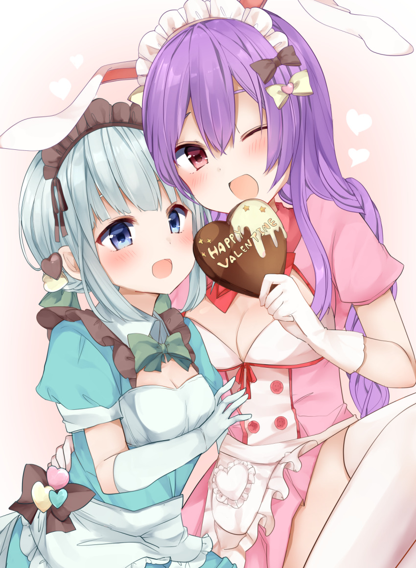 2girls :d ;d alternate_costume animal_ears apron beige_bow black_bow blue_eyes blush bow bowtie breasts brown_ribbon cleavage commentary_request dress feet_out_of_frame frilled_apron frilled_shirt_collar frills gloves gradient_background green_apron green_bow green_dress green_gloves green_neckwear hair_between_eyes hair_bow hair_ornament hair_ribbon happy_valentine head_tilt heart heart_hair_ornament highres holding karasusou_nano konpaku_youmu long_hair looking_at_viewer maid_headdress medium_breasts multiple_girls one_eye_closed open_mouth pink_background pink_dress puffy_short_sleeves puffy_sleeves purple_hair rabbit_ears red_bow red_eyes red_neckwear red_ribbon reisen_udongein_inaba ribbon short_dress short_hair short_sleeves sidelocks silver_hair sitting small_breasts smile thighhighs thighs touhou waist_apron white_apron white_gloves white_legwear wing_collar yuri zettai_ryouiki