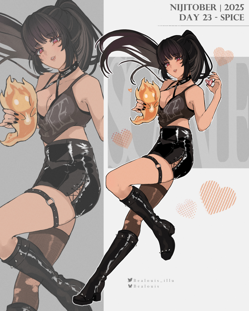 1girl absurdres artist_name bealouis_illu black_hair black_shirt blush boots breast_press breasts character_name cleavage collar floating_hair full_body heart high_heels high_ponytail highres holding holding_heart knee_boots leather leather_skirt looking_at_viewer medium_breasts mole mole_on_breast nijisanji nijisanji_en o-ring o-ring_thigh_strap parted_lips ponytail red_eyes scarle_yonaguni scarling_(scarle_yonaguni) shirt skirt spiked_collar spikes thigh_strap twitter_username virtual_youtuber zoom_layer