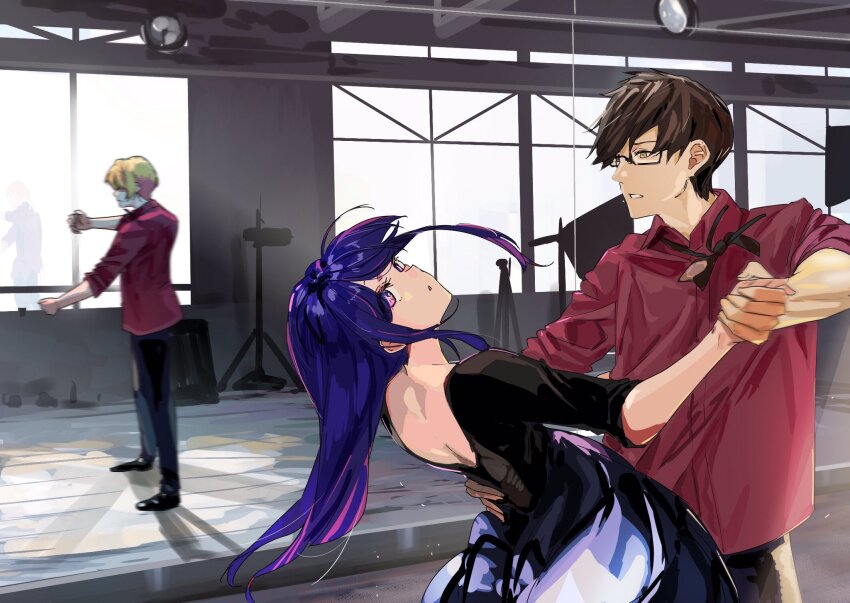 1girl 2boys amamiya_gorou black_dress black_hair black_pants blonde_hair brown_eyes dancing dress funi_mu9 glasses highres hoshino_ai hoshino_aquamarine mirror mother_and_son multiple_boys oshi_no_ko pants purple_eyes purple_hair red_shirt reincarnation semi-rimless_eyewear shirt star-shaped_pupils star_(symbol) star_in_eye symbol-shaped_pupils symbol_in_eye