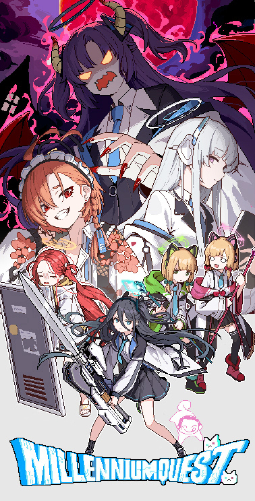1boy 6+girls absurdres ahoge animal_ear_headphones animal_ears aris_(blue_archive) black_hair blank_eyes blonde_hair blue_archive blue_eyes blue_necktie bow braid cat_ear_headphones clenched_teeth commentary cover demon demon_girl demon_horns demon_tail doodle_sensei_(blue_archive) dragon_quest fake_animal_ears fake_cover fingernails frilled_headwear game_development_department_(blue_archive) glowing glowing_eyes green_eyes hair_between_eyes hair_bow hair_spread_out halo headphones highres holding holding_polearm holding_weapon horns huge_ahoge jacket long_hair long_hair_between_eyes looking_at_viewer midori_(blue_archive) mole mole_under_eye momoi_(blue_archive) moon multiple_girls necktie neru_(blue_archive) no_pupils noa_(blue_archive) open_clothes open_jacket orange_hair parody pink_eyes pixel_art pleated_skirt polearm poster_(medium) profile purple_hair red_eyes red_hair red_moon red_nails school_uniform sensei_(blue_archive) sharp_fingernails short_hair siblings sidelocks single_braid sisters skirt soeyumi sukajan tail teeth thighhighs title_parody twins two_side_up wavy_mouth weapon white_hair yuuka_(blue_archive) yuzu_(blue_archive) zettai_ryouiki
