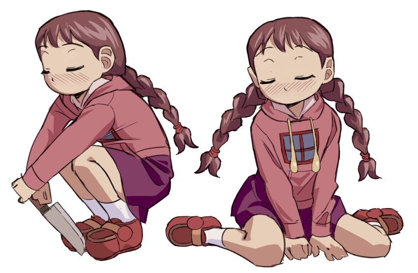 1girl between_legs blush braid brown_hair closed_eyes colinarmis drawstring expressionless full_body hand_between_legs highres holding holding_knife hood hoodie knife long_hair long_sleeves madotsuki multiple_views no_mouth nose_blush pink_hoodie purple_skirt red_shoes shoes short_bangs simple_background sitting sketch skirt socks squatting twin_braids wariza white_background white_socks yume_nikki