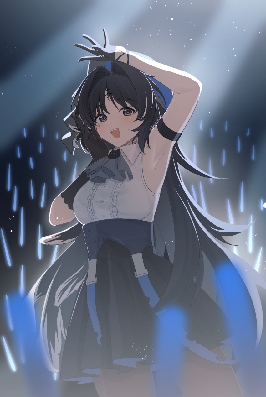 1girl :d absurdres adapted_costume arm_strap arm_up armpits arms_up ascot beret black_ascot black_eyes black_hair black_pantyhose black_skirt blue_hat breasts chinese_commentary collared_shirt commentary_request cowboy_shot feather_hair hair_intakes hand_up hat high-waist_skirt highres idol indoors kohane_kun long_hair looking_at_viewer medium_breasts multicolored_hair open_mouth pantyhose parted_bangs shirt signature skirt smile solo streaked_hair tacet_mark_(wuthering_waves) very_long_hair white_shirt wuthering_waves yangyang_(wuthering_waves)