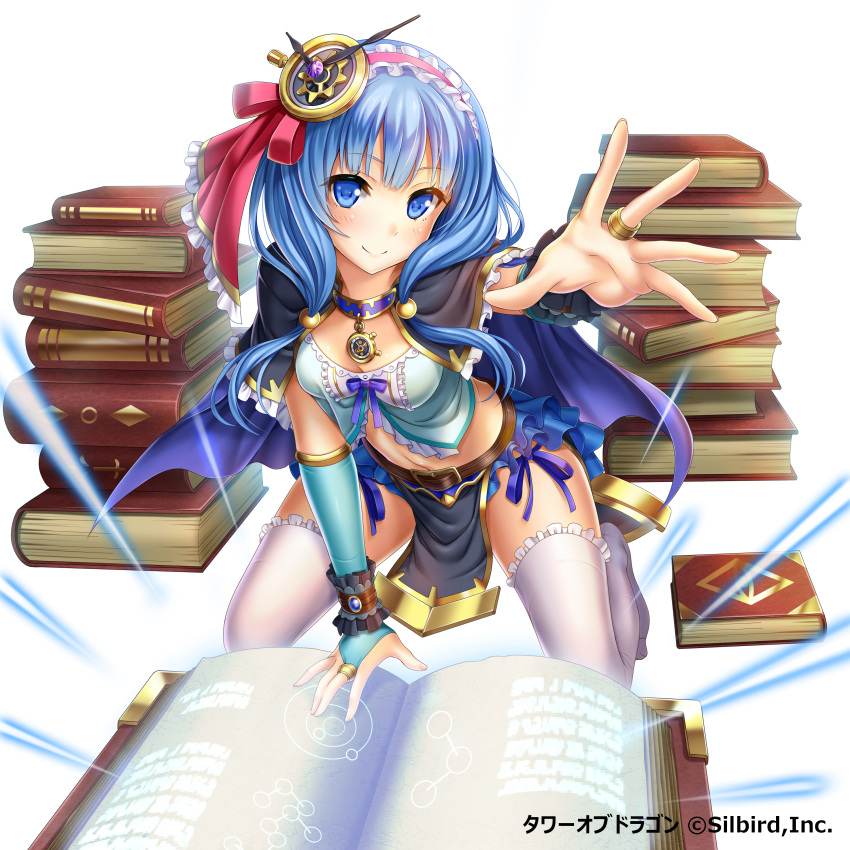 1girl absurdres blue_eyes blue_hair book breasts cleavage female_focus hair_ornament hair_ribbon highres kneeling long_hair looking_at_viewer magic matching_hair/eyes medium_breasts midriff navel purple_ribbon red_ribbon ribbon simple_background solo tower_of_dragon violetshit white_background wrist_cuffs
