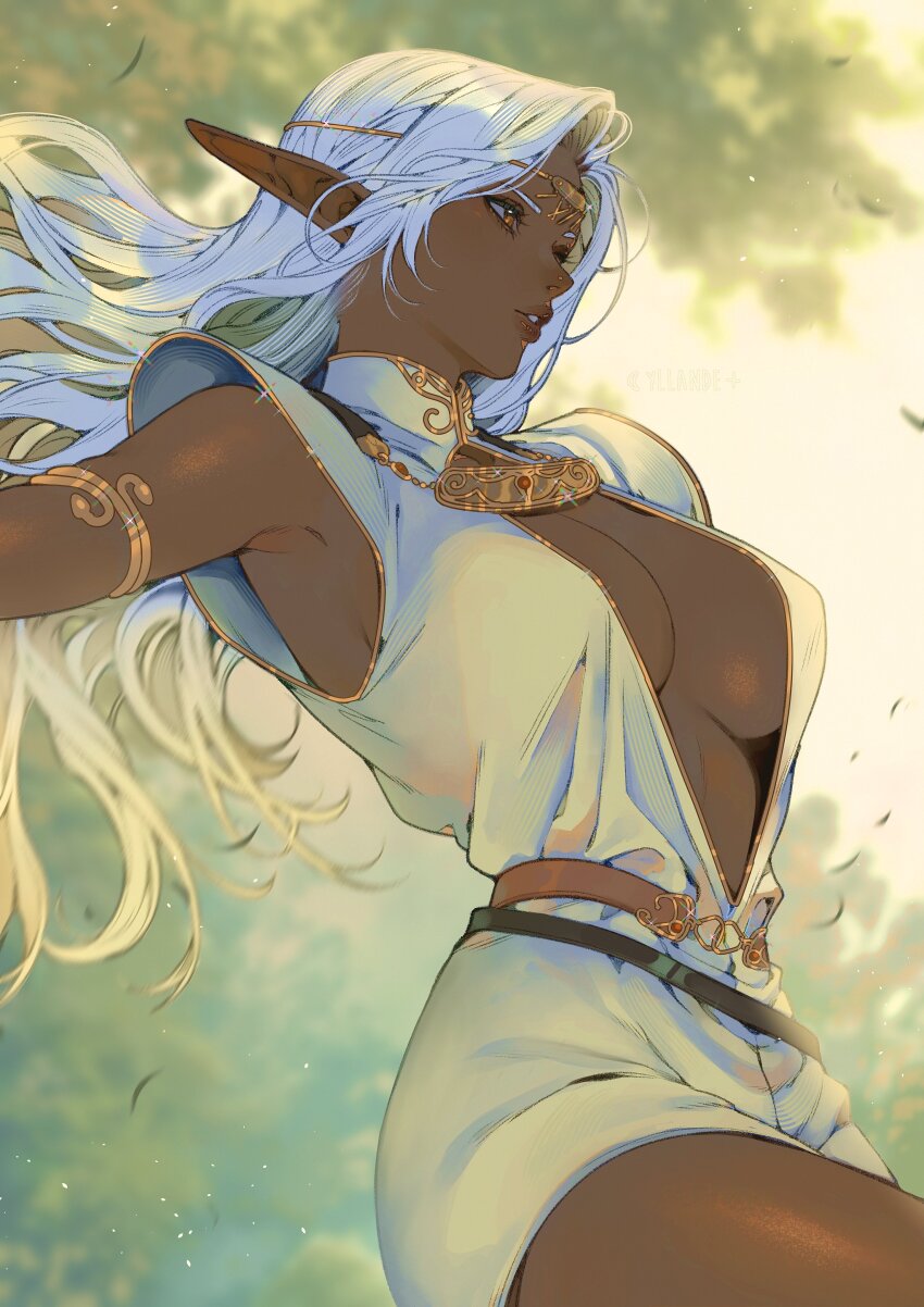 1girl absurdres armlet armpits artist_name blurry blurry_background breasts brown_eyes commentary cowboy_shot dark-skinned_female dark_elf dark_skin elf forehead_jewel from_side highres jewelry large_breasts long_hair looking_ahead parted_lips pirotess plunging_neckline pointy_ears record_of_lodoss_war solo white_hair yiiande