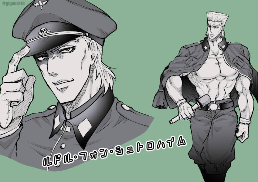 2boys adjusting_clothes adjusting_headwear bare_pectorals battle_tendency explosive flattop giga_omega gloves grenade jacket jacket_on_shoulders jojo_no_kimyou_na_bouken military military_uniform monochrome multiple_boys muscular muscular_male nazi pectorals rudolph_von_stroheim skull_and_crossbones topless_male totenkopf