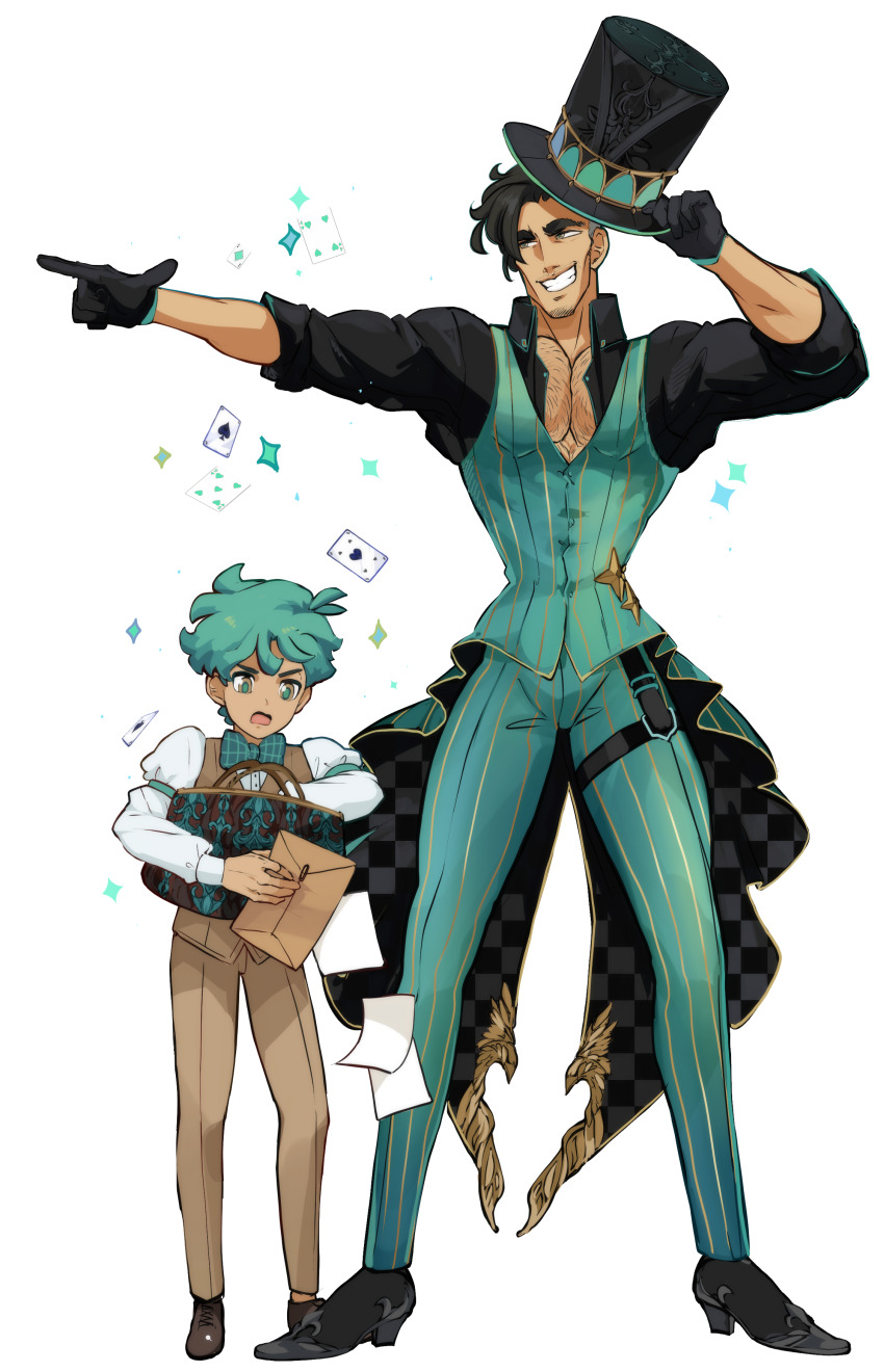 2boys absurdres ahoge antonio_satou black_footwear black_gloves black_hair black_shirt bow bowtie brown_eyes brown_pants brown_vest card checkered_clothes chest_hair collared_shirt facial_hair fairytale_police_hoe_department full_body gloves goatee_stubble green_bow green_bowtie green_eyes green_hair green_vest grin hat height_difference highres idoraad long_sleeves male_focus mature_male multicolored_eyes multiple_boys pants paper pectoral_cleavage pectorals puffy_sleeves satou_kotarou_(fairytale_police_hoe_department) shirt short_hair simple_background smile spade_(shape) sparkle stubble teeth thigh_strap top_hat transparent_background two-tone_eyes uncle_and_nephew undercut vest white_shirt