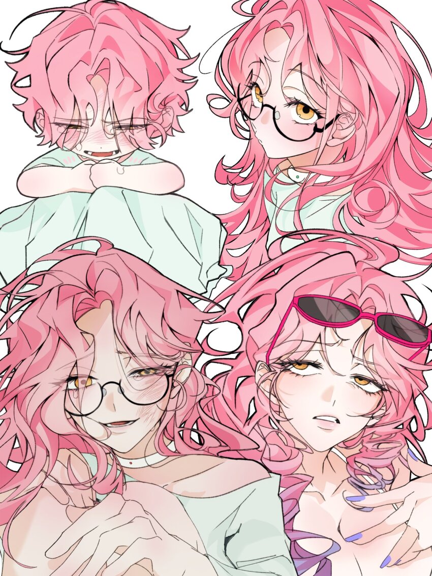 1girl aged_down alien_stage bruise bruise_on_face choker closed_eyes commentary crying dress eyewear_on_head glasses gradient_hair hashtag-only_commentary highres injury long_hair mizi_(alien_stage) multicolored_hair multiple_views nyugi0v0 open_mouth pink_hair purple_hair purple_nails short_hair smile sunglasses two-tone_hair white_choker white_dress yellow_eyes
