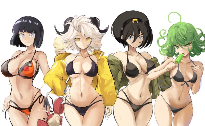 4girls ass avatar_legends bare_shoulders bikini black_bikini black_hair black_panties blind blunt_bangs bob_cut bomber_jacket borrowed_character breasts breasts_apart cameltoe cartoon_network collarbone commentary cowboy_shot curly_hair emblem feet_out_of_frame food green_eyes green_hair green_jacket groin hair_between_eyes hairband halterneck highres holding holding_food hyuuga_hinata ice_cream ice_cream_cone jacket large_breasts long_sleeves mature_female medium_breasts midriff multi-strapped_bikini_bottom multiple_girls naruto naruto_(series) naruto_shippuuden navel nickelodeon one-punch_man orange_bikini panties popsicle print_bikini rakeemspoon shiny_skin short_hair side-tie_bikini_bottom side-tie_panties simple_background sketch spaghetti_strap stomach string_bikini string_bra string_panties susan_(rakeemspoon) swimsuit tatsumaki the_legend_of_korra toph_beifong underwear untied_bikini white_background white_eyes wide_hips