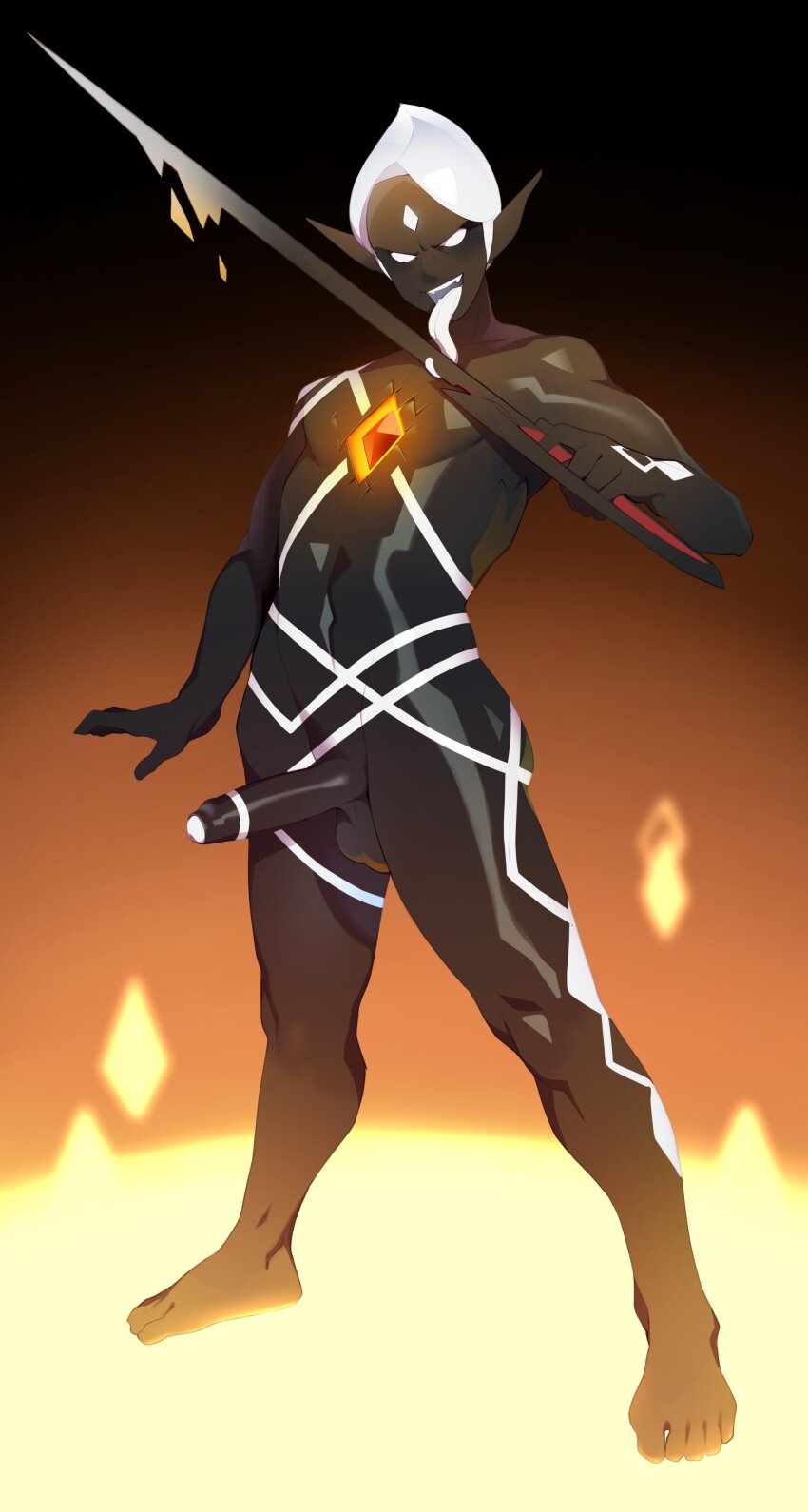 1boy absurdres barefoot black_skin body_markings chest_jewel colored_skin combos_&amp;_doodles empty_eyes erection forehead_jewel full_body ghirahim gradient_background highres holding holding_sword holding_weapon licking licking_weapon long_tongue looking_at_viewer male_focus nintendo nude open_mouth penis pointy_ears solo standing sword testicles the_legend_of_zelda the_legend_of_zelda:_skyward_sword tongue tongue_out weapon white_eyes white_hair white_markings white_tongue