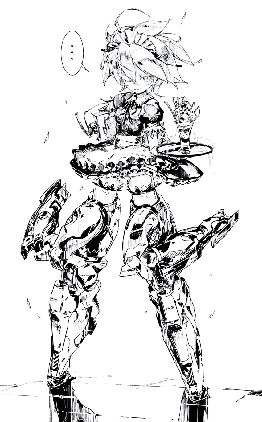 1girl amputee android commentary_request dress flat_chest food full_body greyscale highres holding holding_tray jnt maid maid_headdress mechanical_legs monochrome one_eye_closed original panties parfait prosthesis prosthetic_arm short_hair smile solo thighhighs tray underwear