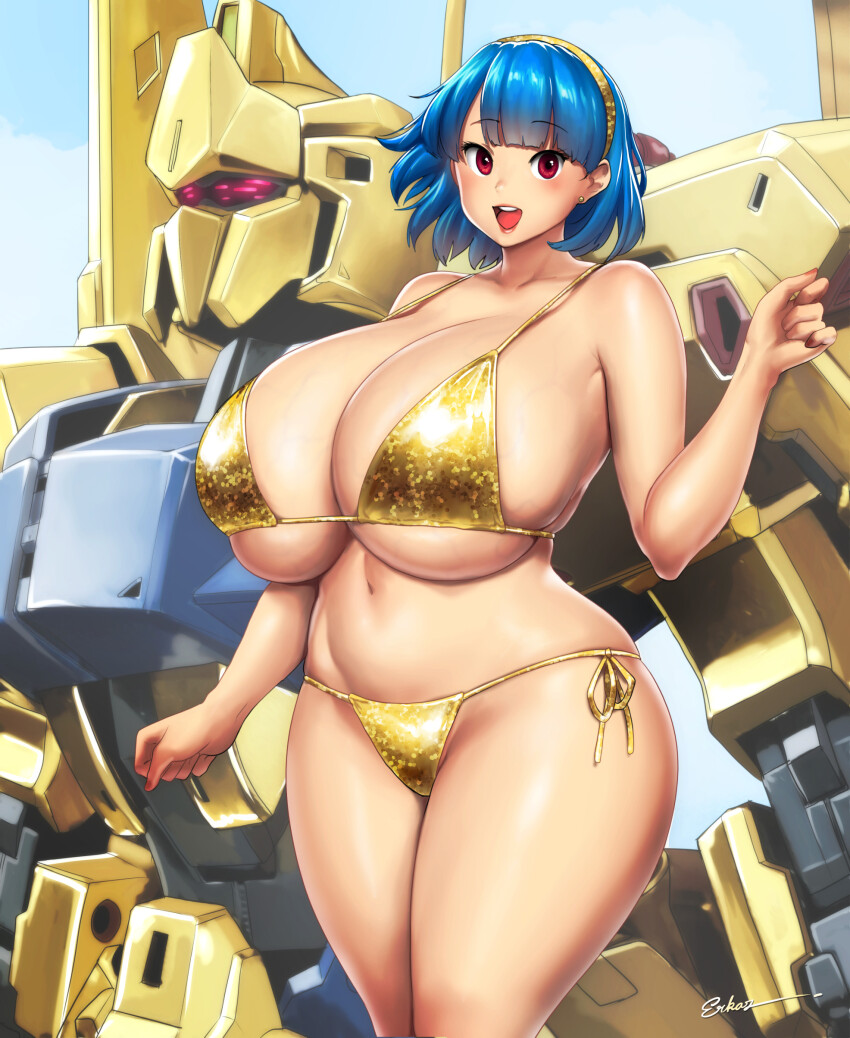 1girl absurdres artist_name assault_visor bare_arms bare_shoulders bikini bilingual_commentary blue_hair blush breasts cleavage commentary earrings english_commentary erkaz feet_out_of_frame fingernails gold_bikini gold_hairband golden_week gundam hairband hand_up highres huge_breasts hyaku_shiki jewelry looking_at_viewer mecha mixed-language_commentary mobile_suit nail_polish navel open_mouth original red_eyes red_nails rina_atherina robot science_fiction short_hair side-tie_bikini_bottom signature skindentation smile standing string_bikini stud_earrings swimsuit underboob veins veiny_breasts zeta_gundam
