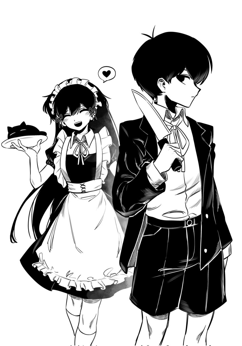 1boy 1girl alternate_costume antenna_hair blush brother_and_sister closed_eyes corrupted_twitter_file enmaided greyscale heart highres holding holding_plate iomor_snuuy kneehighs long_hair long_sleeves looking_at_viewer maid maid_headdress mari_(headspace)_(omori) mari_(omori) mewo monochrome omori omori_(omori) open_mouth plate puffy_short_sleeves puffy_sleeves short_hair short_sleeves shorts siblings simple_background smile socks speech_bubble spoken_heart teeth upper_teeth_only