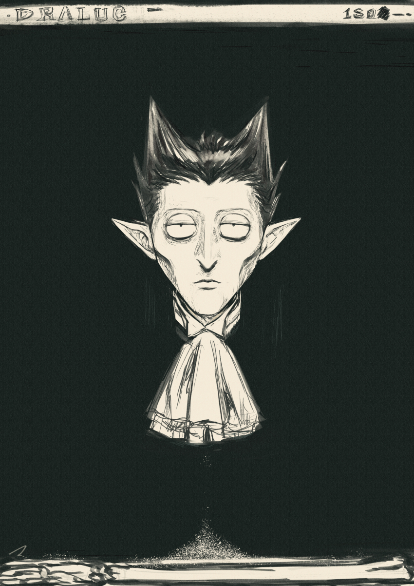 1boy ascot black_background black_hair cheekbones commentary draluc_(kyuuketsuki_sugu_shinu) english_commentary hair_horns highres kyuuketsuki_sugu_shinu letterboxed looking_at_viewer matahei pointy_ears short_hair signature solo solo_focus vampire white_ascot