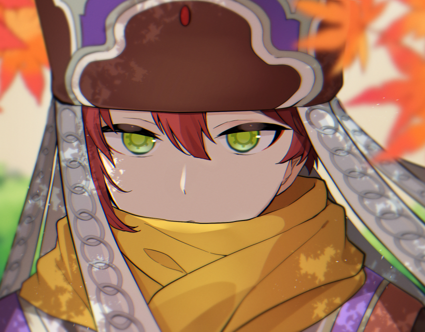 1boy autumn_leaves blurry blurry_foreground brown_hat closed_mouth commentary_request cuilang_(rune_factory) green_eyes hair_between_eyes hat highres leaf looking_at_viewer male_focus nogi_toa_(sorajio) red_hair rune_factory rune_factory:_guardians_of_azuma scarf short_hair solo tree_shade upper_body yellow_scarf