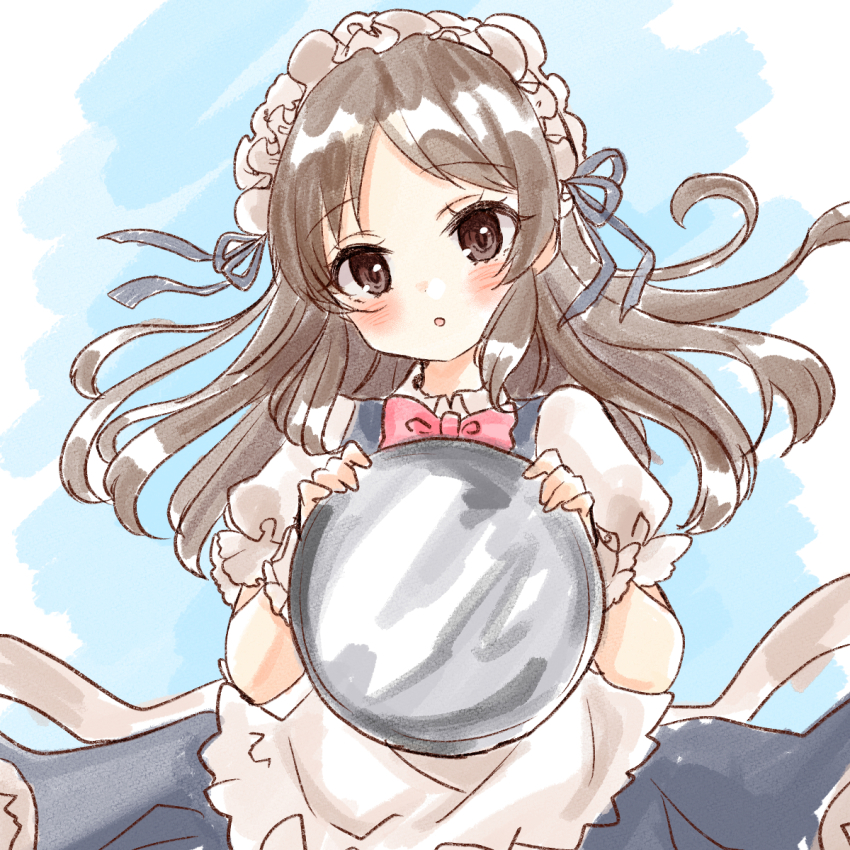 1girl :o apron blue_dress blue_ribbon blush bow bowtie brown_hair dress frilled_apron frills highres holding holding_to_chest holding_tray idolmaster idolmaster_cinderella_girls long_hair looking_at_viewer maid_headdress open_mouth pink_bow ribbon rino_cnc solo tachibana_arisu tray white_apron white_headdress