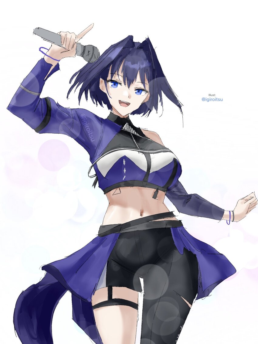 bare_shoulders black_pants blue_eyes blue_hair blue_shirt breasts highres hololive hololive_english idol idol_clothes igiroitsu large_breasts microphone midriff navel ouro_kronii pants shirt smile thighs virtual_youtuber