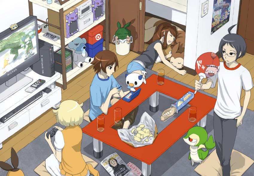 10s bianca_(pokemon) capcom chansey cosplay cubchoo deviljho electrode_(pokemon) elesa_(pokemon) exploud furret game_console gen_1_pokemon gen_2_pokemon gen_3_pokemon gen_5_pokemon gothitelle gym_leader hand_fan handheld_game_console hilbert_(pokemon) hilda_(pokemon) iris_(pokemon)_(cosplay) joltik monster_hunter_(series) n_(pokemon) nikawa_99-do nintendo nintendo_ds oshawott pillow playstation_3 pokemon pokemon_bw snivy table television tepig trubbish tympole wii