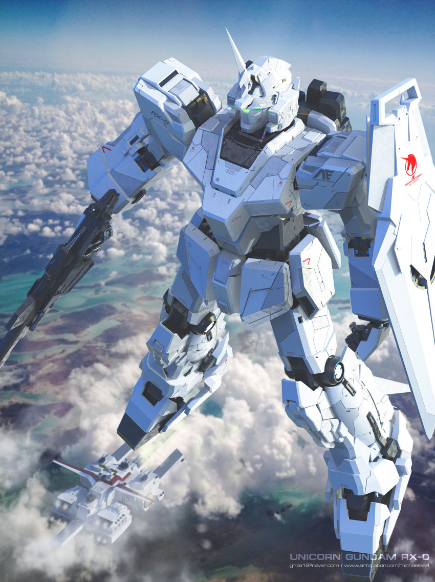 3d absurdres anaheim_electronics beam_rifle blue_sky character_name cloud commentary energy_cannon energy_gun english_commentary english_text flying freefall glowing gundam gundam_unicorn highres logo machinery mecha mecha_focus michaellee4 mobile_suit robot roundel science_fiction shield sky spacecraft turret unicorn_gundam visor weapon