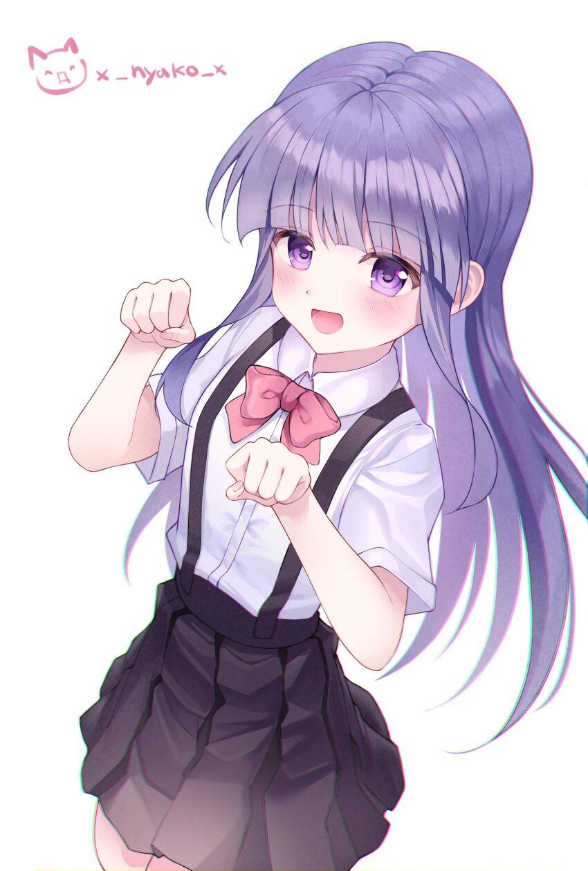 1girl :d absurdres artist_name black_skirt blunt_bangs blush bow bowtie collared_shirt commentary cowboy_shot furude_rika hashtag-only_commentary highres higurashi_no_naku_koro_ni long_hair looking_at_viewer nyako_(x_nyako_x) open_mouth paw_pose pleated_skirt purple_eyes purple_hair red_bow red_bowtie shirt short_hair short_sleeves simple_background skirt smile solo standing suspender_skirt suspenders symbol-only_commentary very_long_hair white_background white_shirt