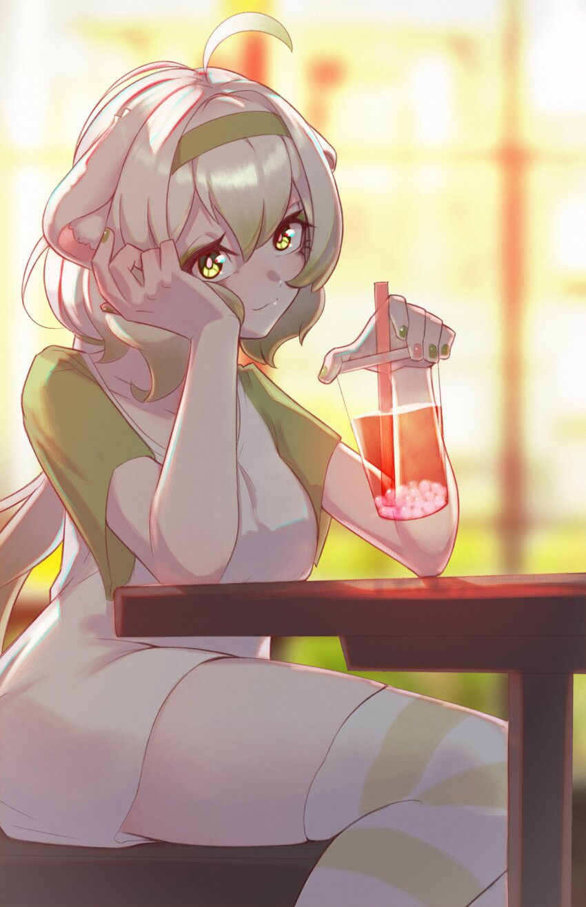 1girl absurdres ahoge animal_ears blurry blurry_background bubble_tea cafe eyeshadow ferret ferret_ears ferret_girl golden_hour gradient_hair green_eyes green_eyeshadow green_hair green_nails green_shirt hair_between_eyes hairband highres laimu_(vtuber) laimu_(vtuber)_(cozy) looking_at_viewer makeup multicolored_hair no_pants pink_nails shirt sioell sitting skindentation t-shirt thighhighs twintails two-tone_hair vinesauce virtual_youtuber white_hair white_shirt window