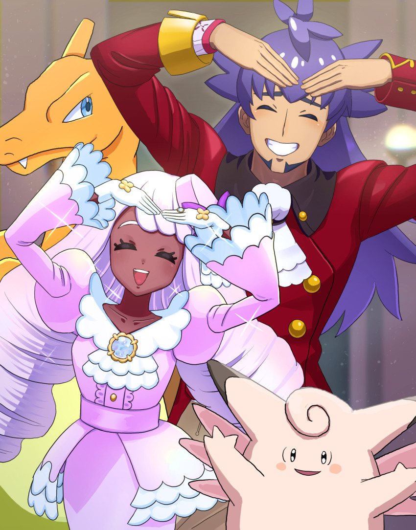 1boy 1girl :d arms_up ascot blurry blurry_background buttons charizard clefable closed_eyes collarbone commentary_request dark-skinned_female dark_skin dress dynamax_band eyelashes facial_hair facing_viewer gen_1_pokemon gloves grin highres jacinthe_(pokemon) jacket leon_(pokemon) long_hair long_sleeves matatabi_yoshizou nintendo open_mouth pants pokemon pokemon_(creature) pokemon_legends:_z-a pokemon_swsh purple_hair red_jacket smile tailcoat teeth twintails upper_teeth_only white_ascot white_gloves