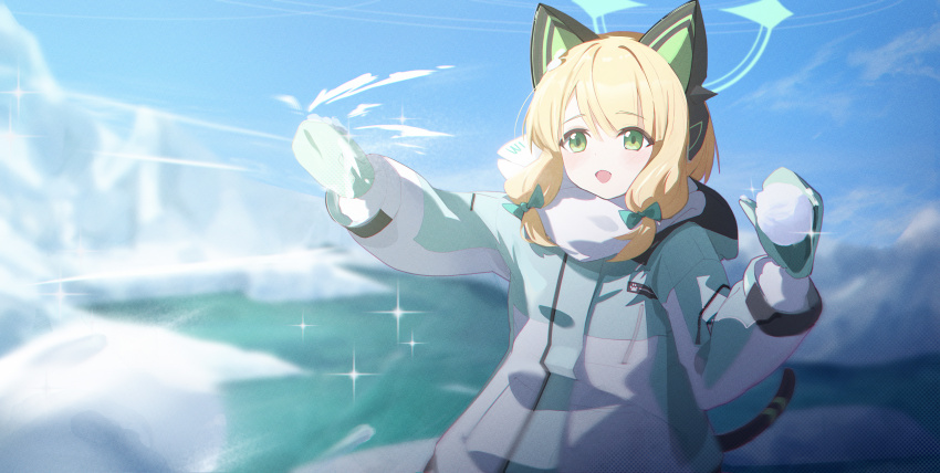 1girl :d absurdres animal_ear_headphones animal_ears aqua_coat blonde_hair blue_archive blurry blurry_background blush bow cat_ear_headphones cat_tail chinese_commentary chromatic_aberration coat commentary_request day depth_of_field fake_animal_ears fake_tail film_grain green_bow green_eyes green_halo green_mittens hair_bow halftone halo hand_up hayate_(1034853996) headphones highres holding holding_snowball hood hood_down hooded_coat long_sleeves low-tied_sidelocks medium_hair midori_(blue_archive) midori_(winter)_(blue_archive) mittens multicolored_coat official_alternate_costume open_mouth outdoors outstretched_arm print_scarf revision scarf scarf_bow shadow sidelocks sky smile snow snowball snowball_fight solo sparkle tail text_print throwing upper_body water white_scarf winter winter_clothes winter_coat zipper zipper_pull_tab
