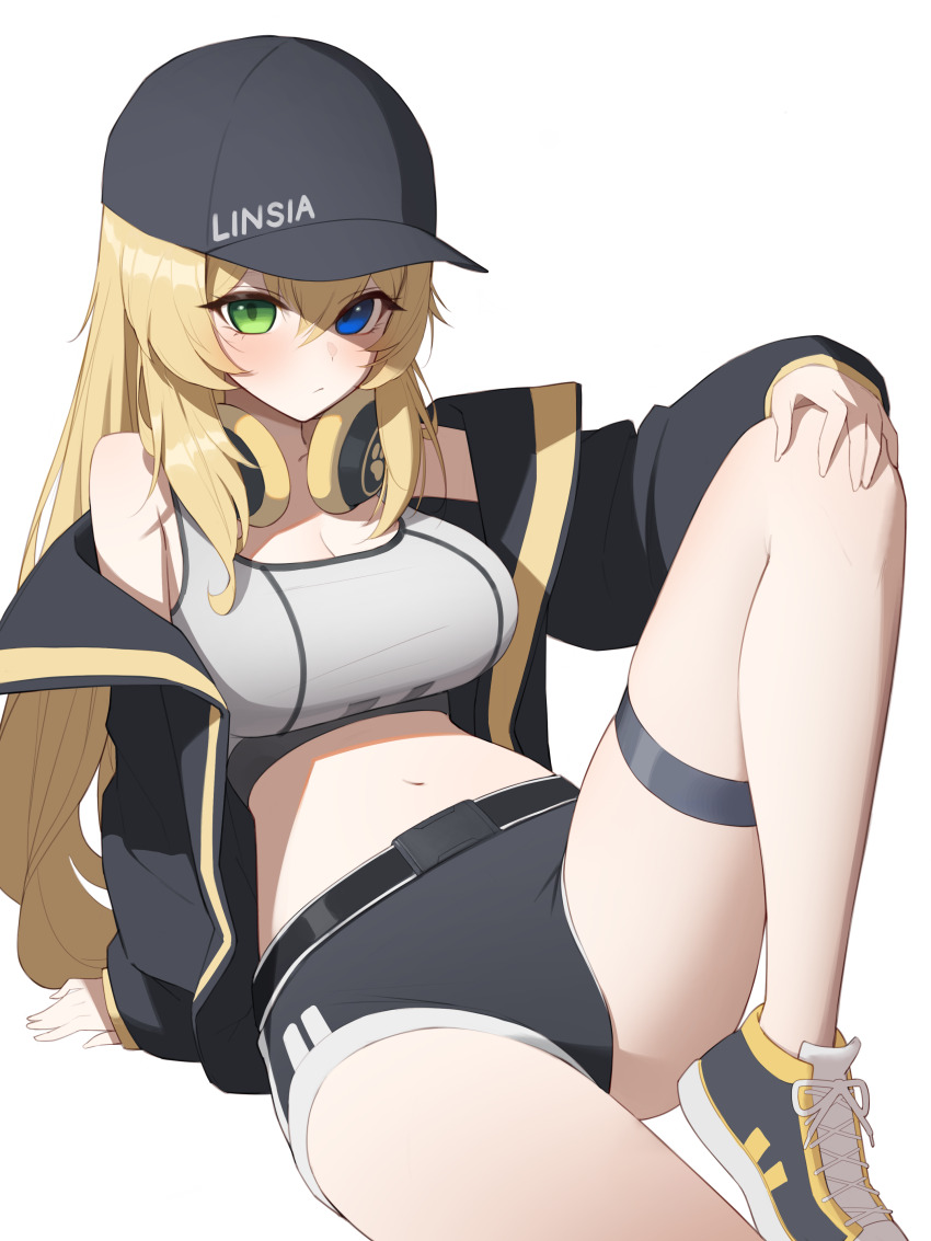 1girl absurdres artist_request bare_shoulders baseball_cap belt black_hat black_jacket black_shorts blonde_hair blue_eyes breasts commission crop_top green_eyes grey_shirt hand_on_own_knee hat headphones headphones_around_neck heterochromia highres jacket large_breasts linsia long_hair looking_at_viewer midriff navel off_shoulder original second-party_source shirt shoes short_shorts shorts simple_background sleeveless sleeveless_shirt sneakers solo thigh_strap thighs very_long_hair white_background