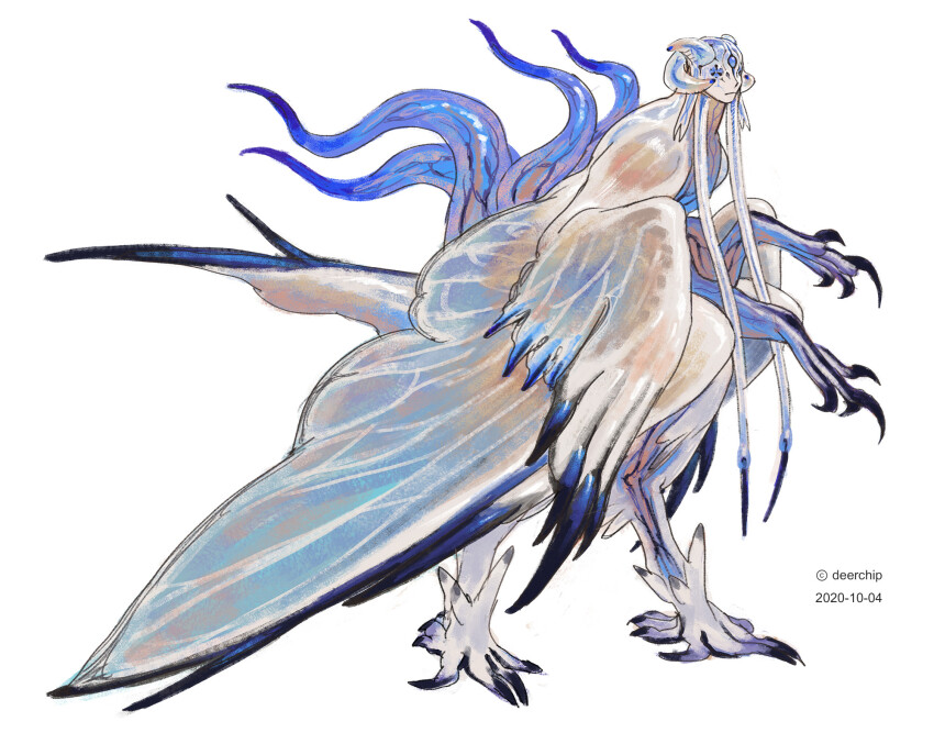 1other artist_name bird_tail blue_gemstone butterfly_wings chimera closed_mouth colored_skin curled_horns dated deerchip digitigrade forehead_jewel full-body_tattoo gem highres horns insect_wings legs_apart light_frown monster multicolored_skin multiple_horns multiple_wings original other_focus raptor solo standing tail tall talons tattoo tentacles two-tone_skin wings