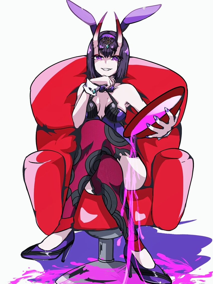 1girl animal_ears bare_shoulders bow bowtie breasts chair cup detached_collar eyeliner fake_animal_ears fate/grand_order fate_(series) grin headpiece high_heels highres horns leotard looking_at_viewer makeup oni playboy_bunny purple_eyes purple_hair purple_leotard rabbit_ears red_thighhighs sakazuki satou_nui short_hair shuten_douji_(fate) sitting skin-covered_horns small_breasts smile thighhighs wrist_cuffs