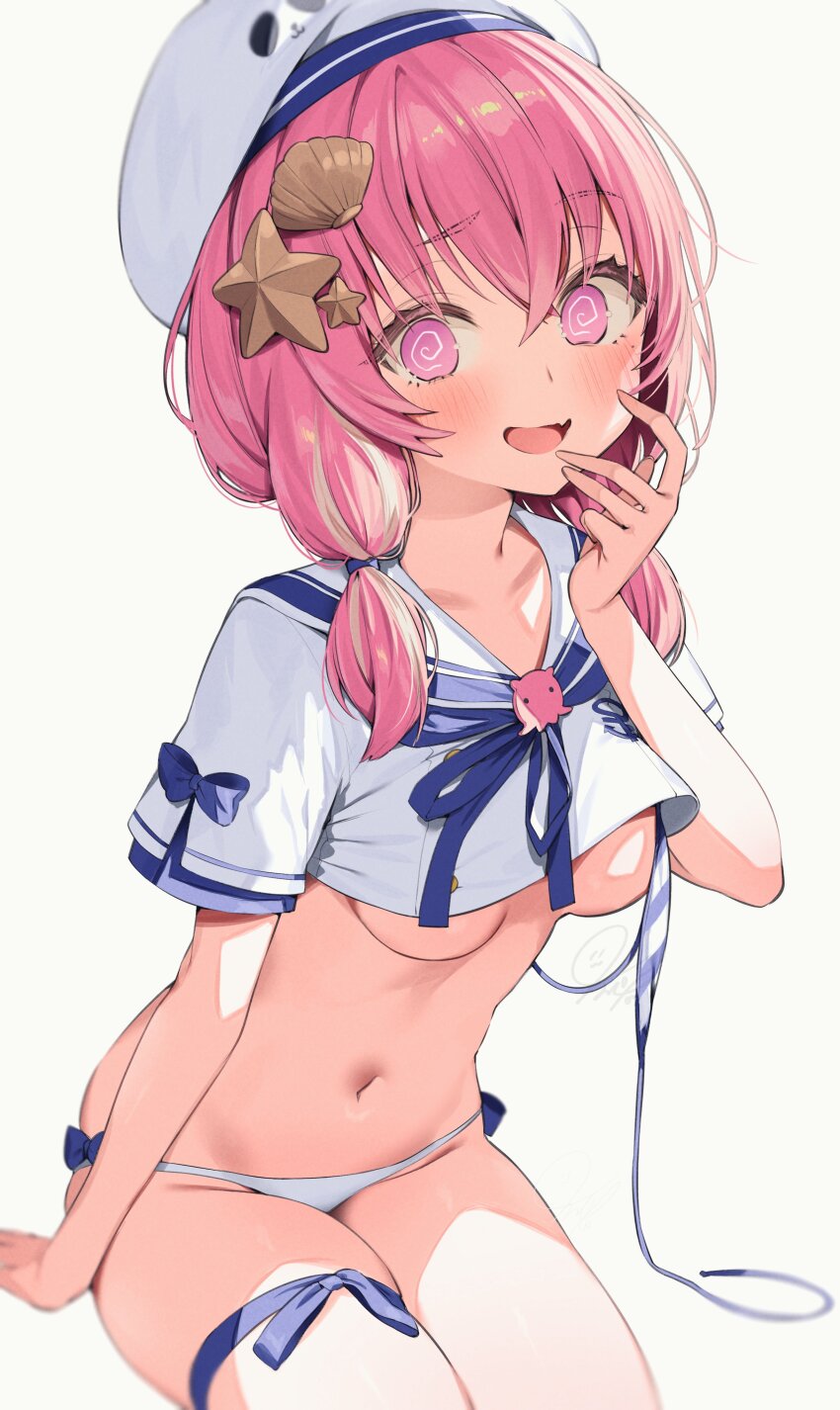 1girl @_@ absurdres arm_support bikini breasts cropped_shirt fang hand_up hat highres itohana low_twintails medium_breasts navel nijisanji open_mouth pink_eyes pink_hair sasaki_saku sasaki_saku_(3rd_costume) shell_hair_ornament shirt short_sleeves sitting skin_fang starfish_hair_ornament swimsuit thigh_strap thighs twintails underboob untied_bikini_top virtual_youtuber white_bikini white_hat white_shirt