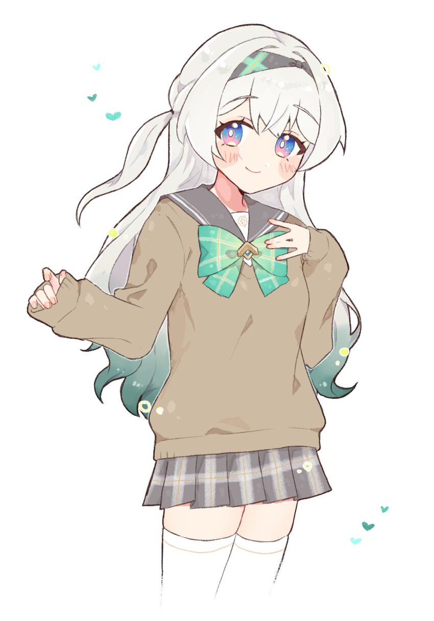 1girl black_hairband blush blush_stickers bow bowtie brown_sweater closed_mouth collared_shirt eeeeekyawaiii firefly_(honkai:_star_rail) firefly_(spring_missive)_(honkai:_star_rail) gradient_eyes gradient_hair green_bow green_bowtie green_pupils grey_hair grey_sailor_collar grey_skirt hair_between_eyes hair_intakes hairband heart highres honkai:_star_rail honkai_(series) long_hair multicolored_eyes multicolored_hair pleated_skirt sailor_collar shirt simple_background skirt smile solo sweater thighhighs white_background white_shirt white_thighhighs