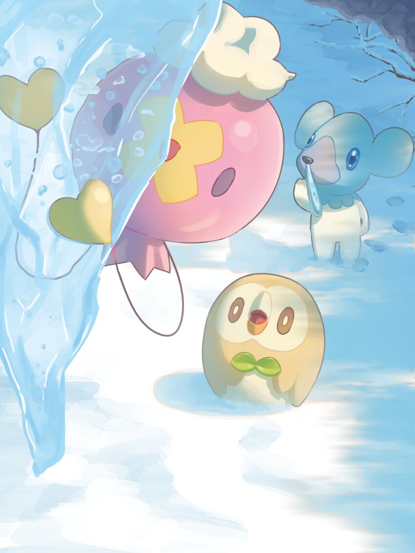 :d blue_eyes bright_pupils brown_eyes commentary_request cubchoo day drifloon gen_4_pokemon gen_5_pokemon gen_7_pokemon highres ice mokukitusui nintendo no_humans open_mouth outdoors pokemon pokemon_(creature) rowlet smile snow