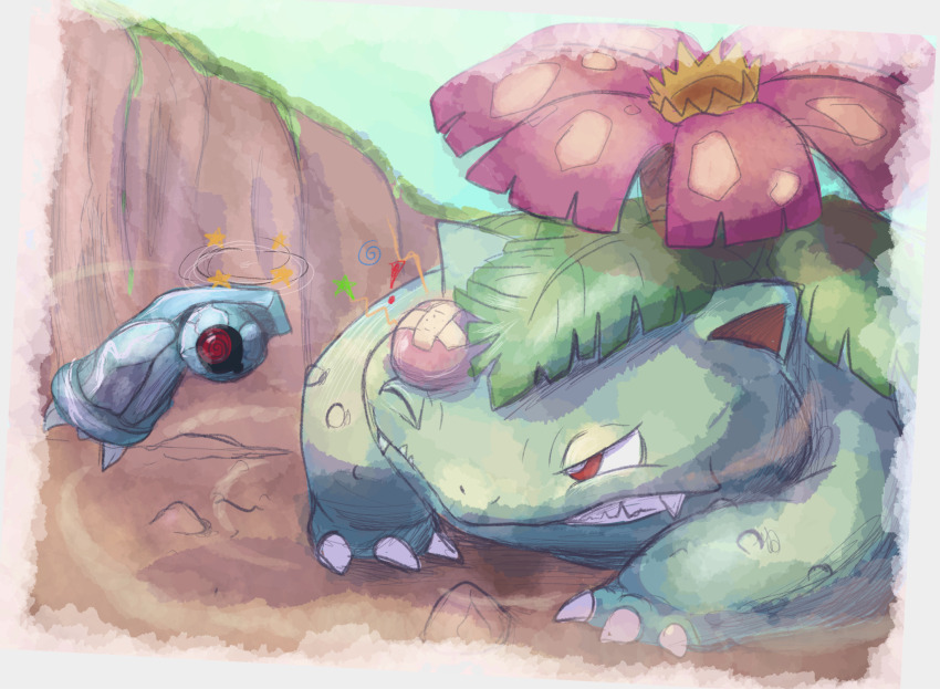 ! @_@ animal_focus beldum border bright_pupils claws commentary dizzy english_commentary game_freak gen_1_pokemon gen_3_pokemon grimace head_bump highres nintendo no_humans outdoors pokemon pokemon_(creature) red_eyes venusaur venusaur-propaganda white_pupils wince