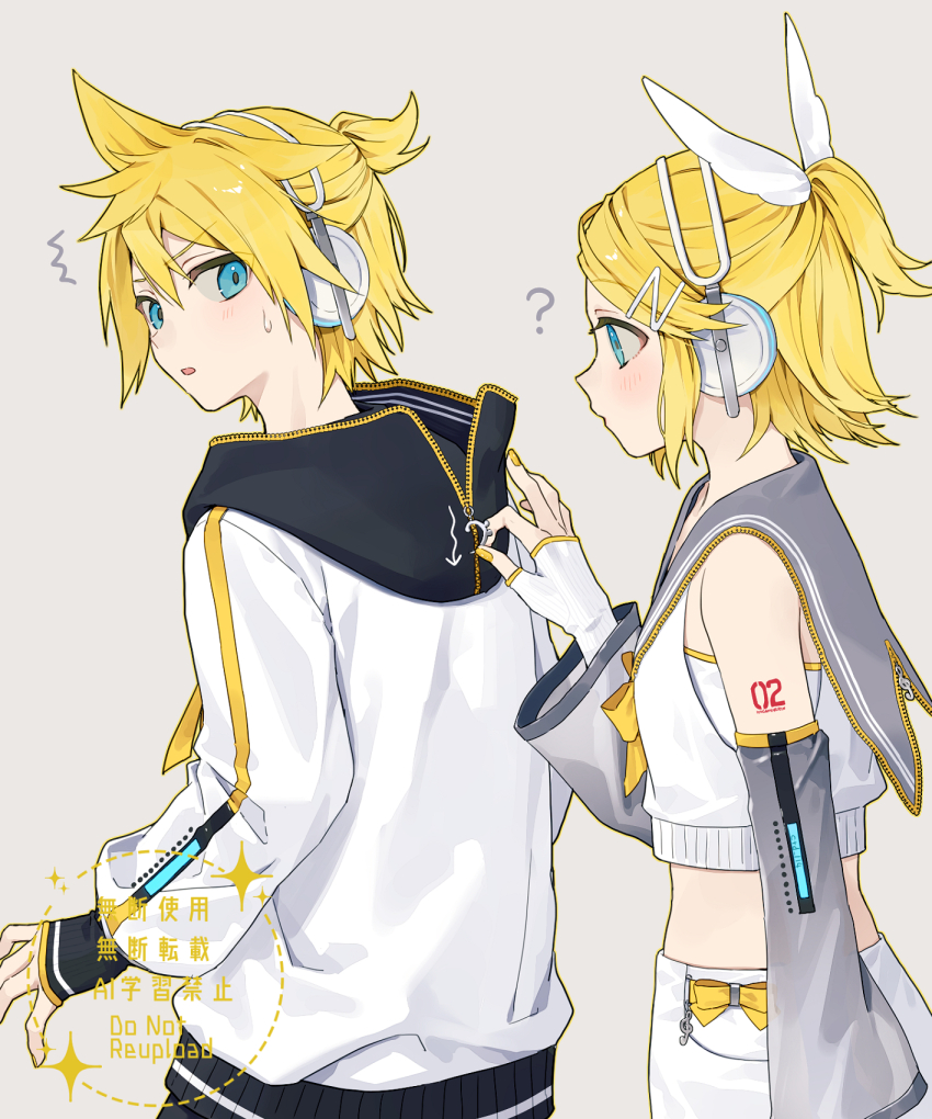 1boy 1girl ? ^^^ bare_shoulders blonde_hair blue_eyes blush brother_and_sister commentary crop_top ctd_114 detached_sleeves double-parted_bangs fingerless_gloves gloves grey_background grey_sailor_collar grey_sleeves hair_between_eyes hair_ribbon headphones highres jacket kagamine_len kagamine_len_(nt) kagamine_rin kagamine_rin_(nt) long_sleeves nail_polish number_tattoo open_mouth outline ribbon sailor_collar shirt short_hair shoulder_tattoo siblings simple_background sleeveless sleeveless_shirt sweatdrop tattoo twins upper_body vocaloid watermark white_gloves white_jacket white_ribbon white_shirt yellow_nails yellow_outline zipper