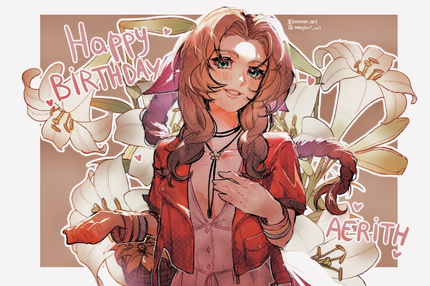 1girl absurdres aerith_gainsborough aqua_eyes artist_name blush bracelet brown_hair dress final_fantasy final_fantasy_vii final_fantasy_vii_remake flower happy_birthday highres instagram_username jacket jewelry long_hair looking_at_viewer meroo_art middle_part multiple_bracelets open_clothes open_jacket open_mouth pink_dress red_jacket solo twitter_username upper_body white_flower