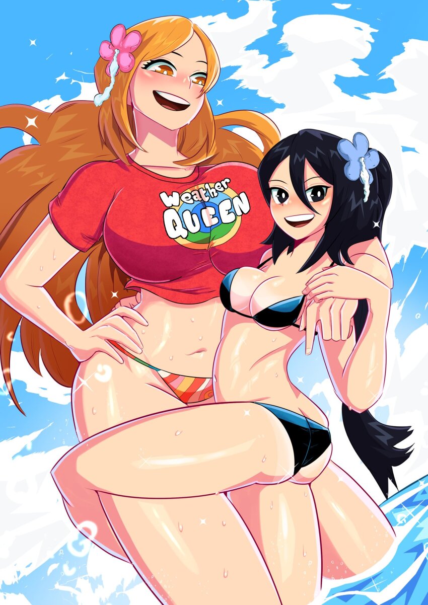 2girls :d arm_around_shoulder ass bikini black_hair bleach blue_sky blush breasts bright_pupils brown_eyes brown_hair butt_crack cleavage cloud crop_top day english_text flower hair_between_eyes hair_flower hair_ornament hand_on_own_hip height_difference highres inoue_orihime kuchiki_rukia large_breasts leg_around_another&#039;s_leg long_hair looking_at_another looking_at_viewer medium_breasts multiple_girls navel ocean open_mouth outdoors ponytail shiny_skin short_sleeves sky smile sonchapo sparkle swimsuit teeth upper_teeth_only water wet