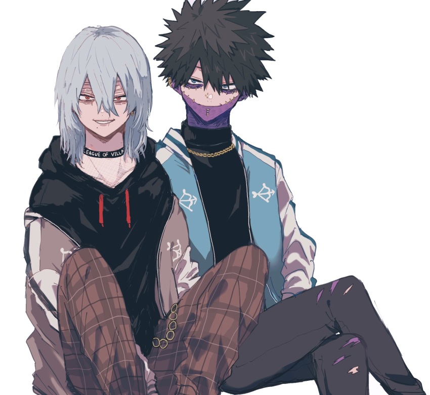 2boys ametaro_(ixxxzu) black_hair black_hoodie black_pants black_sweater blue_eyes blue_jacket boku_no_hero_academia burn_scar cheek_piercing dabi_(boku_no_hero_academia) face_piercing grey_hair highres hood hoodie jacket letterman_jacket looking_at_viewer male_focus medium_hair multiple_boys multiple_scars pants piercing plaid_clothes plaid_pants red_eyes scar scar_on_face shigaraki_tomura short_hair simple_background spiked_hair staple stapled sweater turtleneck turtleneck_sweater white_background wrinkled_skin
