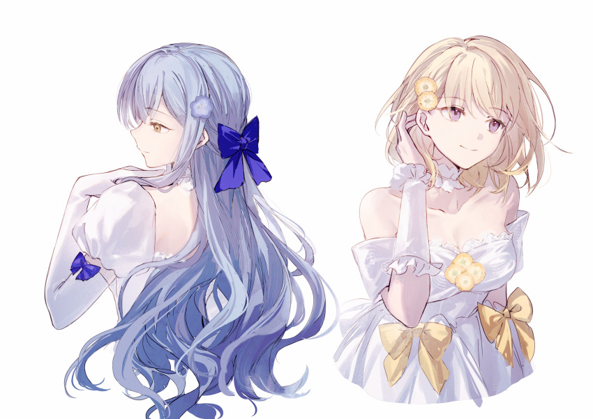 2girls absurdres bang_dream! bang_dream!_it&#039;s_mygo!!!!! blonde_hair blue_hair breasts chinese_commentary choker cleavage closed_mouth collarbone commentary_request dress flower frilled_choker frills hair_flower hair_ornament highres large_breasts long_hair medium_hair misumi_uika multiple_girls muonrei00 off-shoulder_dress off_shoulder puffy_sleeves purple_eyes sidelocks simple_background togawa_sakiko white_background white_choker white_dress yellow_eyes