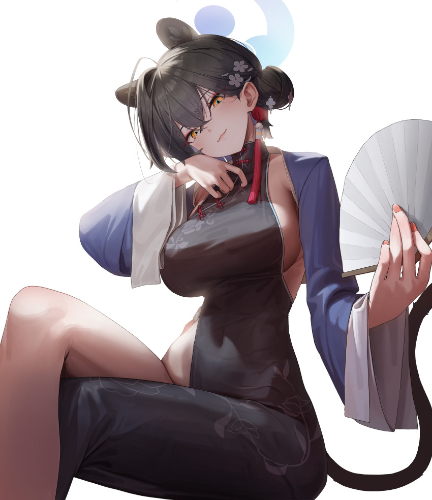 1girl absurdres animal_ears black_dress black_hair blue_archive blue_halo blue_jacket breasts china_dress chinese_clothes closed_mouth commentary_request covered_navel cropped_jacket crossed_legs dress extra_ears fingernails flower folding_fan hair_bun hair_flower hair_ornament halo hand_fan head_tilt highres holding holding_fan invisible_chair jacket kaguya_(blue_archive) large_breasts long_sleeves looking_at_viewer open_clothes open_jacket side_slit sideboob simple_background single_hair_bun single_side_bun sitting smile solo tagua tail tassel tassel_hair_ornament thighs white_background yellow_eyes