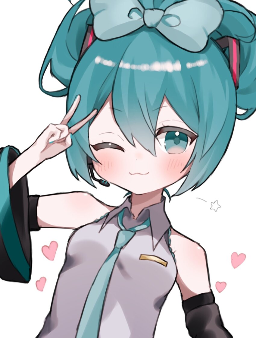 1girl :3 aqua_eyes aqua_hair aqua_nails aqua_necktie blush bow cinnamiku commentary detached_sleeves grey_shirt hair_between_eyes hair_bow hair_ornament hatsune_miku heart highres maro_maro_3939 nail_(hardware) necktie one_eye_closed shirt sleeveless solo star_(symbol) v vocaloid white_background