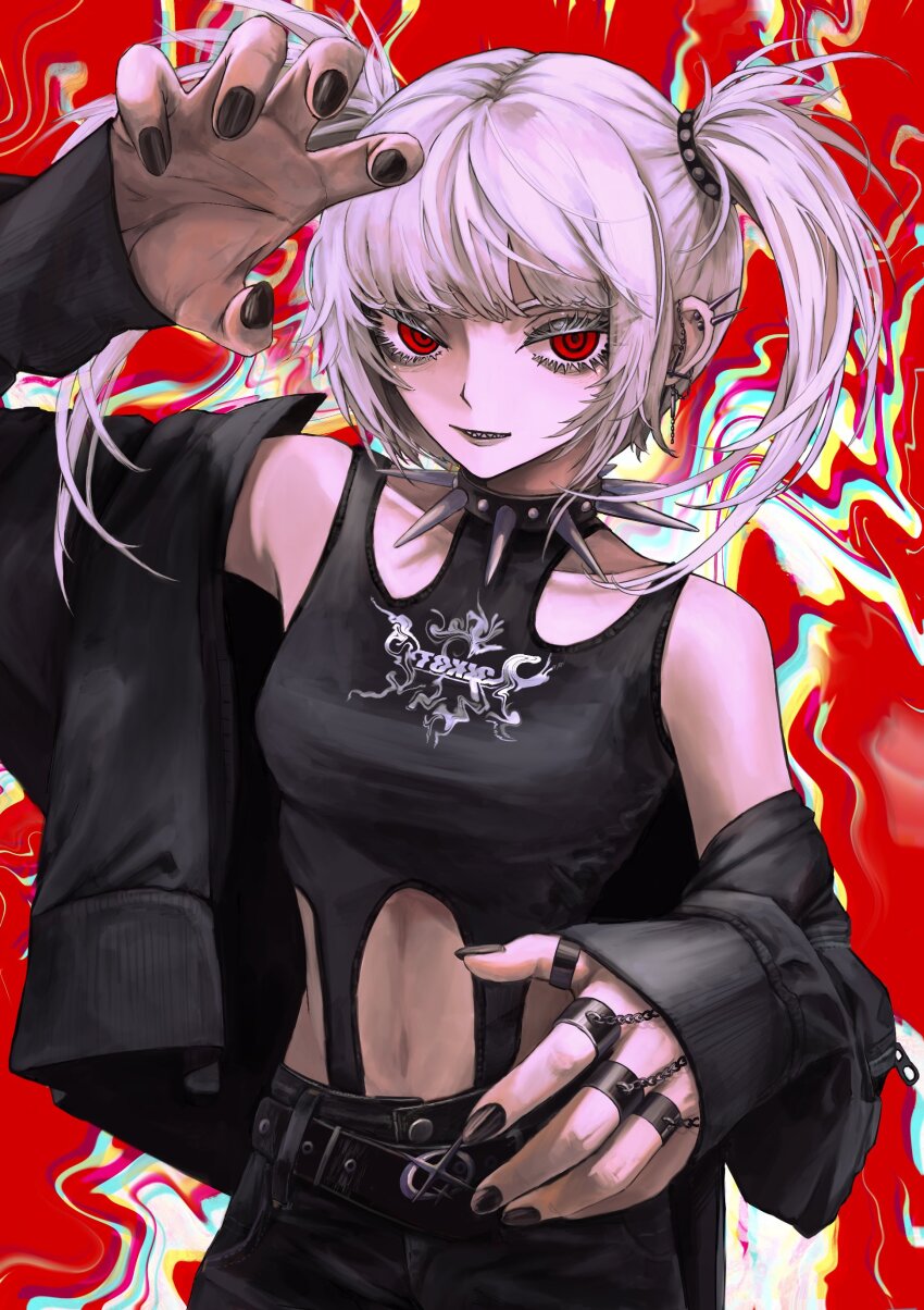 1girl absurdres bare_shoulders belt black_belt black_collar black_jacket black_nails black_pants black_scrunchie black_shirt breasts clothes_pull collar collarbone commentary cross cross_earrings denim ear_chain ear_piercing earrings english_commentary eyelashes goth_fashion highres jacket jacket_pull jeans jewelry looking_at_viewer lui_n24 medium_hair midriff multiple_rings navel off-shoulder_shirt off_shoulder open_clothes open_jacket original pants parted_lips paw_pose piercing print_shirt red_background red_eyes ring ringed_eyes scrunchie sharp_teeth shirt small_breasts solo spiked_collar spikes teeth twintails upper_body white_hair