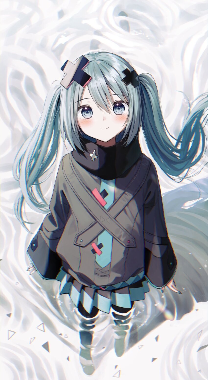 1girl black_boots black_jacket black_skirt blue_eyes blue_hair blue_nails blue_necktie blush boots chromatic_aberration closed_mouth commentary_request from_above hair_between_eyes hair_ornament hatsune_miku highres jacket kowareta_sekai_to_utaenai_miku long_hair long_sleeves looking_at_viewer looking_up nail_polish necktie pentagon_(railgun_ky1206) pleated_skirt project_sekai skirt sleeves_past_wrists smile solo standing thigh_boots twintails very_long_hair vocaloid wading water wide_sleeves x_hair_ornament
