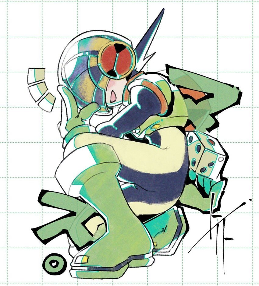 1boy armor black_bodysuit black_hair bodysuit covered_eyes dice double_soul_(mega_man) full_body green_armor helmet helmet_over_eyes holding holding_dice male_focus mega_man_(series) mega_man_battle_network_(series) megaman.exe numberman.exe simple_background solo spiked_hair to_i_to_io v white_background