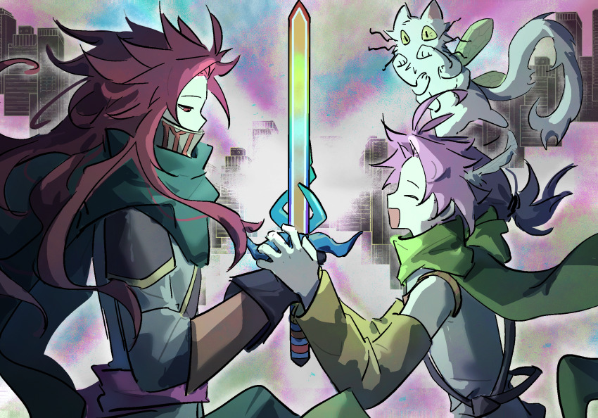 2boys antenna_hair black_gloves brothers building cape chinese_commentary closed_eyes commentary_request creature detached_sleeves dita_iliner eigha_iliner from_side gloves godzylla_(saibou_shinkyoku) green_cape green_scarf grey_shirt highres holding holding_sword holding_weapon long_hair multiple_boys open_mouth pink_hair red_eyes red_hair saibou_shinkyoku scarf shirt siblings sleeveless sleeveless_shirt smile sword variant_set weapon yellow_sleeves z_(z656284462)