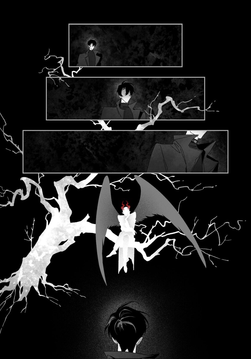 2boys bare_tree benkdjjituibot black_background black_coat black_hair branch coat color_contrast crossed_legs demon_horns elbow_rest elbows_on_knees faceless feathered_wings film_grain grey_wings greyscale hands_on_own_chin head_tilt highres horns in_tree kim_dokja looking_at_another male_focus monochrome multiple_boys multiple_views omniscient_reader&#039;s_viewpoint outside_border plant_roots popped_collar red_horns short_hair sitting sitting_in_tree sky spot_color star_(sky) starry_sky tree white_coat wings yoo_joonghyuk