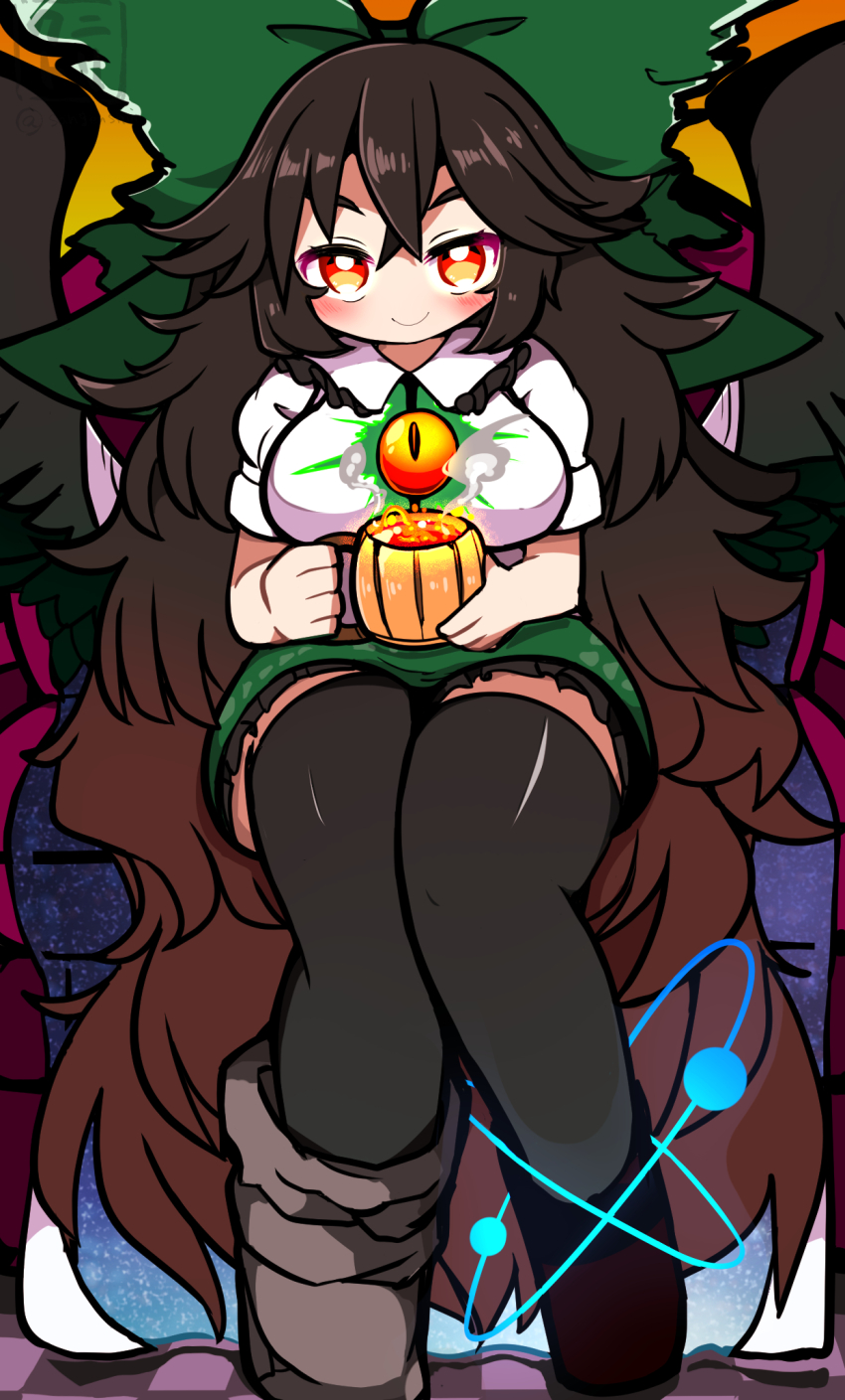 1girl atom black_thighhighs black_wings blush bow breasts brown_hair brown_shoes cape closed_mouth collared_shirt commentary_request cup feathered_wings frilled_shirt_collar frilled_skirt frills full_body green_bow green_skirt hair_bow highres holding holding_cup kunitori large_bow large_breasts long_hair looking_at_viewer mug orange_eyes print_cape reiuji_utsuho shirt shoes single_shoe sitting skirt smile solo starry_sky_print thighhighs third_eye touhou two-sided_cape two-sided_fabric very_long_hair white_cape white_shirt wings