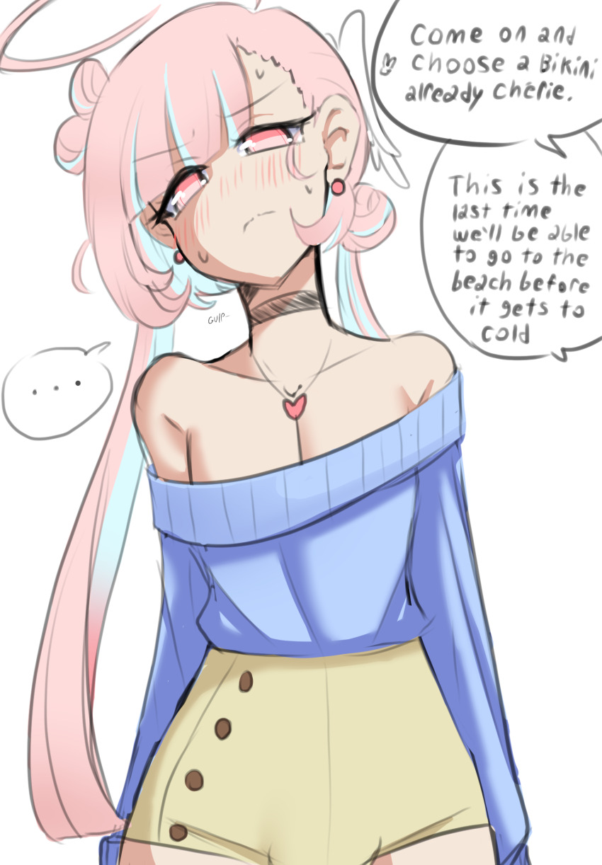 1boy angelicshiba blush collar earrings highres jewelry off_shoulder original pink_eyes pink_hair shorts speech_bubble sweater trap