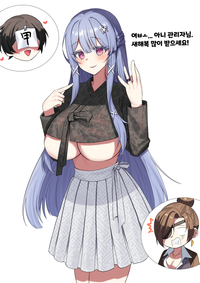 1boy 2girls :&gt; :d ^^^ absurdres administrator_(counter:side) blank_eyes blush breasts brown_hair colored_eyelashes commentary counter:side eyepatch floral_print goreum grey_skirt hair_bun hair_ornament half_updo heart high-waist_skirt highres huge_breasts inset jeogori_(clothes) jewelry jinggun korean_text lee_sooyeon long_hair long_sleeves looking_at_viewer miniskirt multiple_girls open_mouth paper_on_head pink_eyes pleated_skirt pointing purple_hair ring sidelocks simple_background skirt smile surprised swan_claire underboob unmoving_pattern very_long_hair white_background