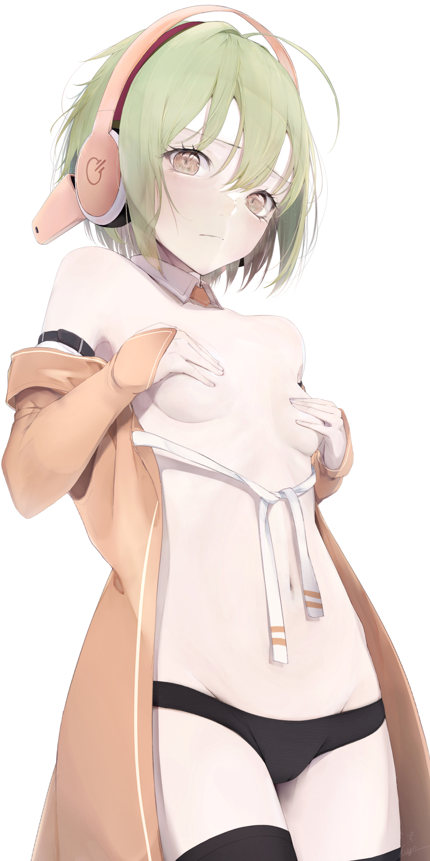 1girl absurdres black_panties black_thighhighs blush breasts brown_eyes chunithm closed_mouth covering_breasts covering_privates cowboy_shot detached_collar frown green_hair headphones heart heart_in_eye highres kisaragi_yaya long_sleeves looking_at_viewer navel panties short_hair simple_background sky_feather_(chunithm) sleeves_past_wrists small_breasts solo stomach symbol_in_eye thighhighs topless_female underwear white_background