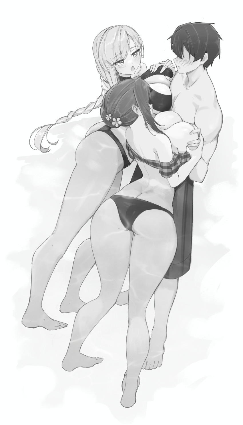 2girls absurdres aijou_rentarou ass ass_focus bikini black_bikini blush breasts eiai_nano flower full_body grabbing_another&#039;s_breast greyscale groping hair_flower hair_ornament hanazono_hakari highres hornfelstone kimi_no_koto_ga_dai_dai_dai_dai_daisuki_na_100-nin_no_kanojo large_breasts long_hair mole mole_on_thigh monochrome multiple_girls simple_background swimsuit thighs white_background